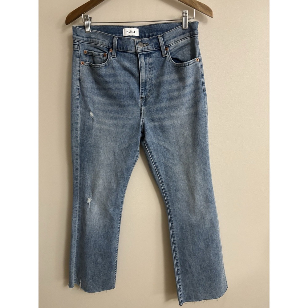 Pistola Lennon High Rise Crop Boot Cut Jeans 8 Light Wash Raw Hem NEW